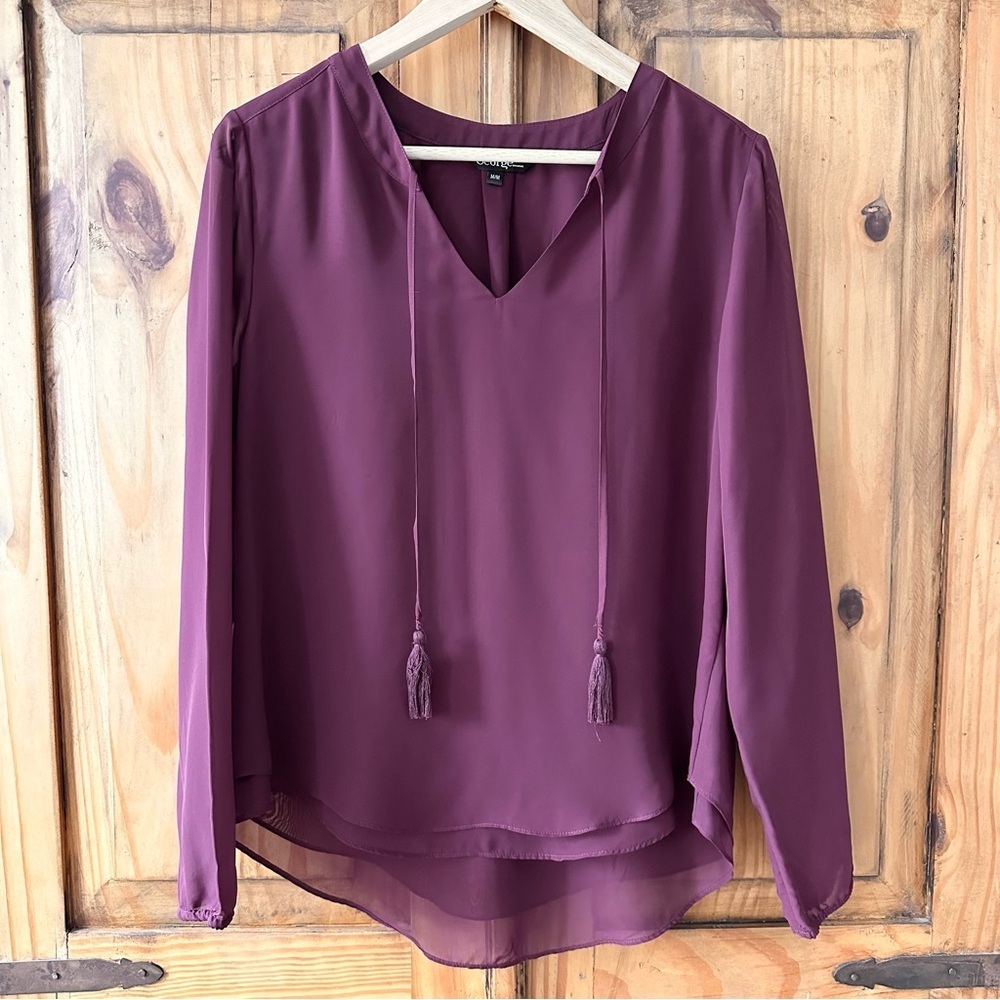 Tunic Top Split V Neck Tie Strings w/Tassels Burgundy Business Casual - Medium